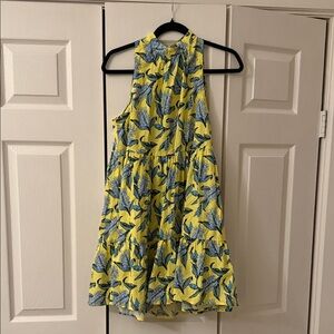 The Impeccable Pig Yellow and Blue Leaf Print Mini Dress